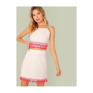 Tassel Trim Tie Back Top Skirt Set - NWOT